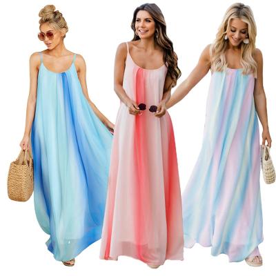 China Anti-Static Tie-Dye Gradient Chiffon Women's Maxi Dress Summer Dresses for Women's V-Neckline Maxi Sexy Strap Floral Chiffon for sale