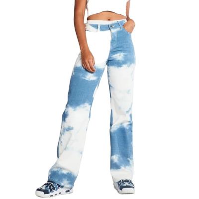 China Breathable Designers Tie Dye Blue White Straight Pants Wholesale Women Slim Jeans for sale