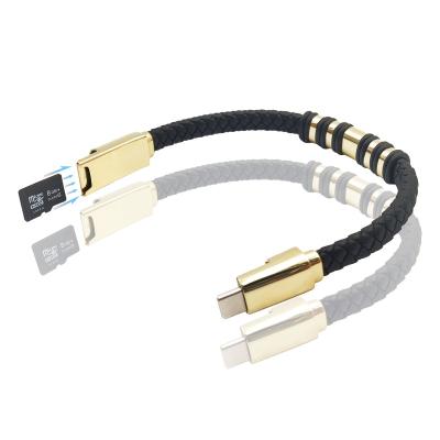 China Cheap Price SD Card Can Be Inserted Leather Wristband 20cm USB Short Charging Data Cable For Iphone Micro Type C Charger for sale