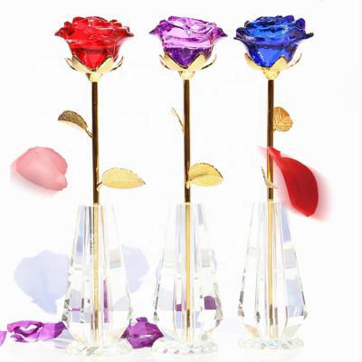 China 50mm Colorful Crystal Rose Flower with Vase Valentines Gift for sale