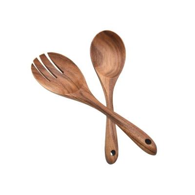 China Sustainable Salad Servers 10.2 Inch Salad Spoon and Fork Set Durable Wood Mixing Dinner Fork and Spoon Long Handle Salad Server for sale