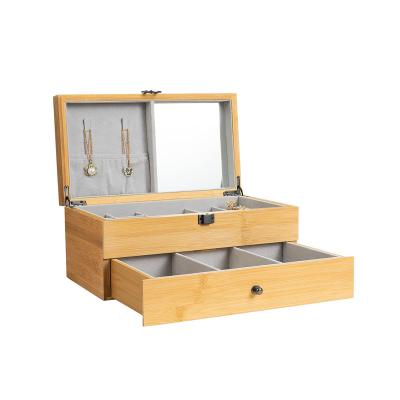 China Bio-degradable Wholesale Custom Logo 2 Layers Jewelry Organizer Natural Bamboo Jewelry Packaging Box with Mirror and Drawer for sale