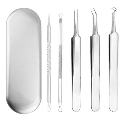 China Acne Treatment 5 Pcs Stainless Steel Blackhead Remover Comedone Extractor Tweezers Hygienic Professional Beauty Tool Kit for sale