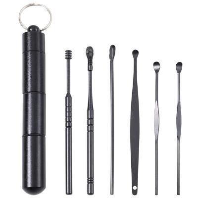 China Portable Black Beauty Care 6 Pcs Stainless Steel Ear Pick Curette Ear Wax Removal Kit Ear Spoon Cleaning Tool for sale