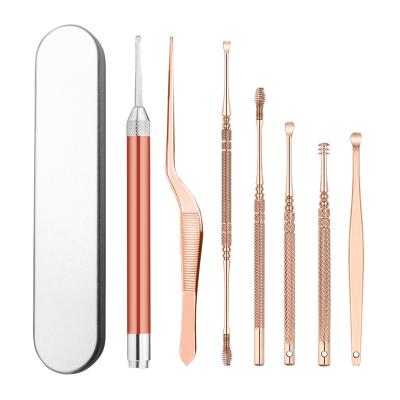 China 7 Selection Multifunctional Ear Wax Removal Tool Reusable 7 Pcs Stainless Steel Ear Cleaning Tools With LED Flashlight for sale