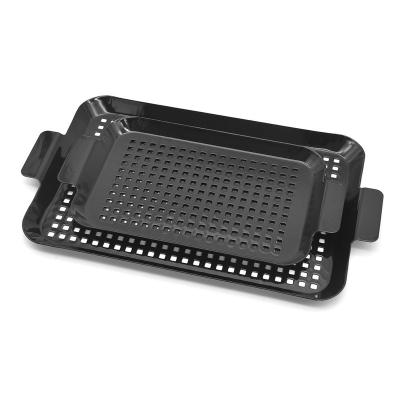 China Thermal Resistance Amazon Hot Sale Square Hole Black Coating Rectangle Stainless Steel Enamel BBQ Grill Nonstick Grill Pan With Handle for sale