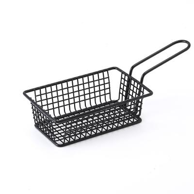 China Sustainable 304 Metal Wire Rack With Long Handle Food Basket Restaurant Black Metal Storage Baskets for sale