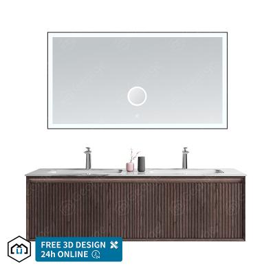 China Modern Manufacturer Bathroom Vanity Walnut Solid Wood Bathroom Cabinet With LED Mirror for sale