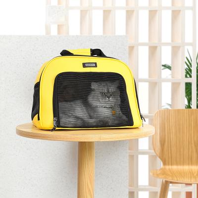 China Durable Lightweight Pet Travel Carriers Tote Bag Pu Leather Mesh Window Car Carrier Bags For Cats Dogs Puppy for sale