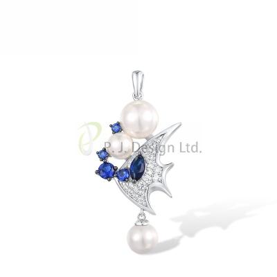 China Fashion Factory Custom Bubble Angel Fish 925 Sterling Silver w/ Black White Plating Pendant Blue Glass CZ White Shell Beads for sale