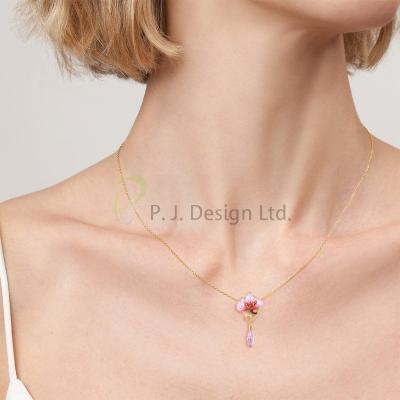 China Fashion Latest Sterling Silver w/ Yellow Plating Pendant Enamel Pink Glass White CZ with out chainfor Wedding for sale