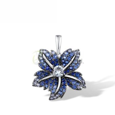 China Fashion Best selling Modern Blue Lily Flower 925 Sterling Silver Black White Plating Pendant Blue Nano CZ Blue Spinel with out chain for sale