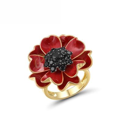 China Fashion P.J. Design Red Enamel Blossom Sun Flower 925 Sterling Silver w/ Yellow Black Plating Ring Black for sale