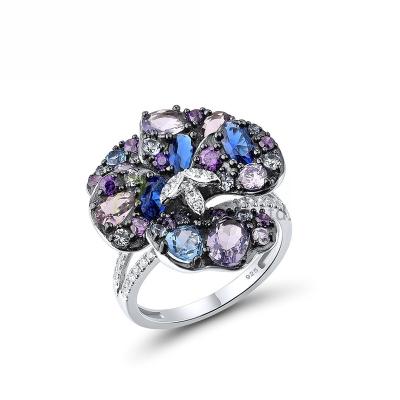 China Fashion P.J. Design Blue Orchid Flower 925 Sterling Silver Black White Plating Ring with Blue Spinel Purple Glass CZ for sale