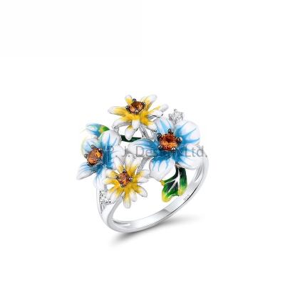 China Fashion P.J. Design Blue and Yellow Enamel Flower Sterling Silver w/ Black White Plating Ring Enamel White CZ Yellow Nano CZ (Ci for sale