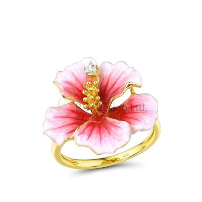 China Fashion P.J. Design Pink Enamel Peony Flower Ring 925 Sterling Silver Gold Plated with Charming Cubic Zircon Fashion Jewelry for sale