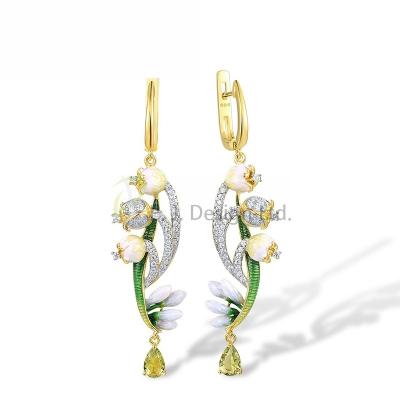 China Fashion Latest Modern Sterling Silver w/ IONIC YELLOW PLATING Earrings Enamel Green Glass White CZ for Wedding for sale