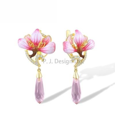 China Fashion Latest new design pretty Sterling Silver w/ Yellow Plating Earrings Enamel Pink Glass White CZ for Engagement for sale