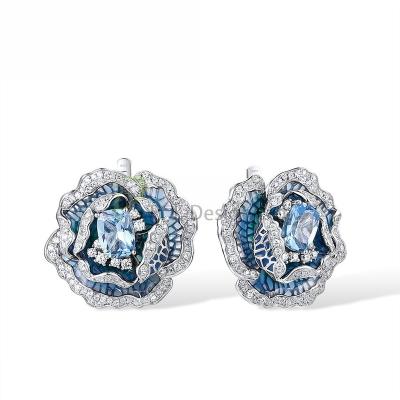 China Fashion Cheap Price Special Enamel Blue Spinel Peony Flower 925 Sterling Silver Earrings with Sparkling White CZ for Gift for sale