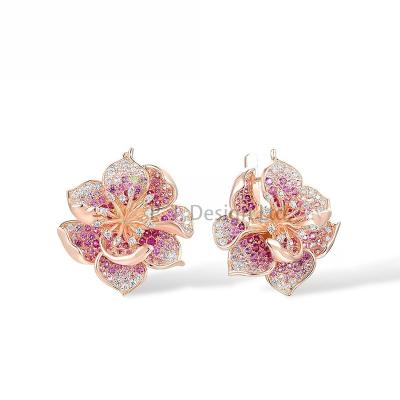 China Fashion Blossom Hibiscus 925  Sterling Silver w/ Rose Plating Earrings Created Pink Sapphire Created Ruby White CZ for sale