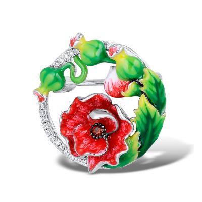 China 925 Sterling Silver Latest new design Red Flower Enamel Brooch and Pendant without chain Sterling Silver w/ Black White Plating Brooch for gift for sale