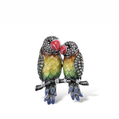 China 925 Sterling Silver Custom Colorful Enamel Parrot Couple Brooch 925 Sterling Silver with Charming CZ Jewelry  for birthday gift for sale