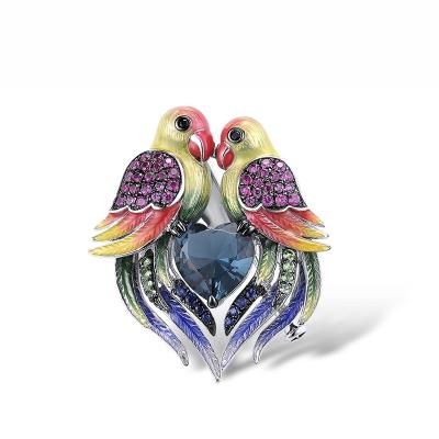 China 925 Sterling Silver Custom Special Colorful Enamel Parrot Couple Brooch 925 Sterling Silver with Charming CZ Fashion Jewelry for Engagement for sale