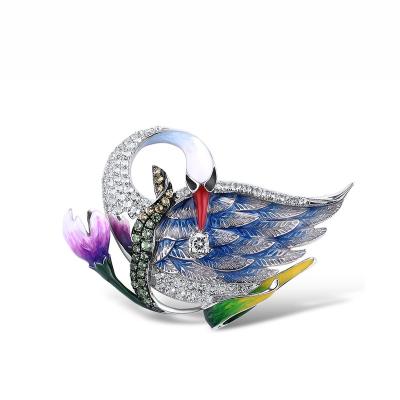 China 925 Sterling Silver New Style fashion Enamel White Swan with Lotus flower Brooch 925 Sterling and cubic ironia Silver Jewelry for Gift for sale