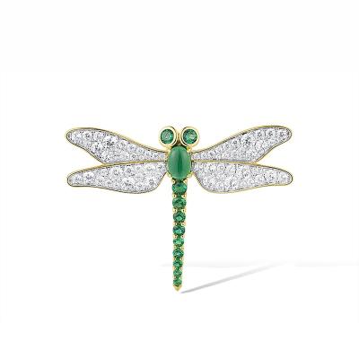 China 925 Sterling Silver China Made Modern JEWELRY dragonfly Brooch Sterling Silver w/ IONIC YELLOW PLATING Brooch Green Spinel White CZ  for present for sale