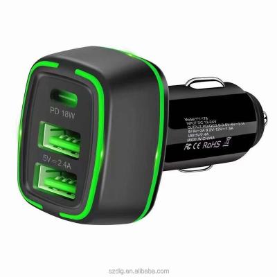 China PD Type C Car Charger 30W Fast Charging Left Type C Car Triplet Port 3 USB Charger for sale