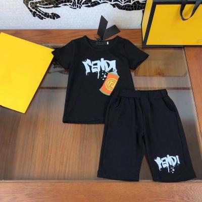 China 2021 Summer Casual Boys Black / White Cottons Loose Short Sleeve T-Shirt Shorts Two Piece Suit for sale