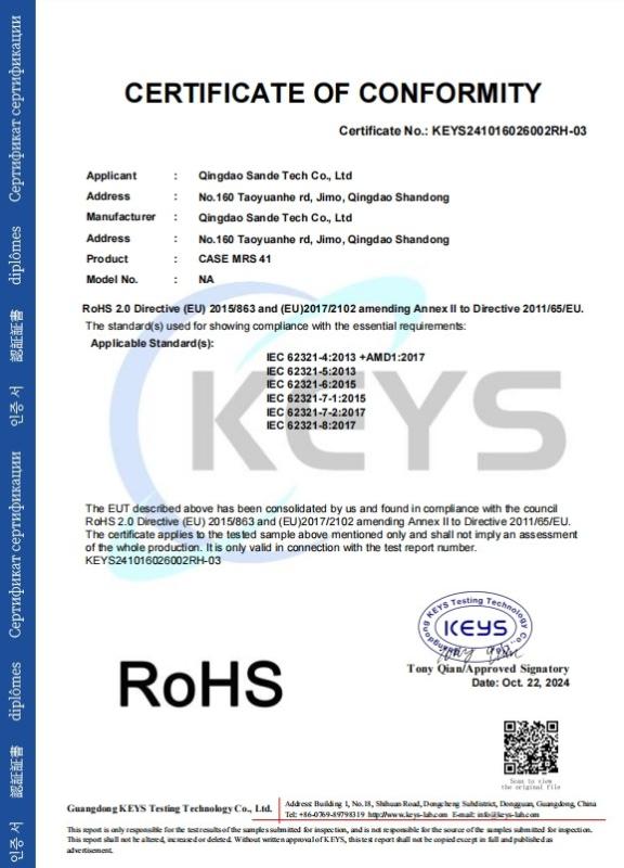 Certification testing - Product testing report - Qingdao Sande Technology Co., LTD