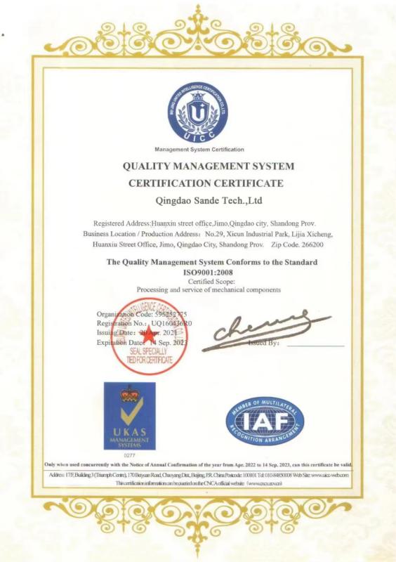 QUALITY MANAGEMENT SYSTEM CERTIFICATION CERTIFICATE - Qingdao Sande Technology Co., LTD
