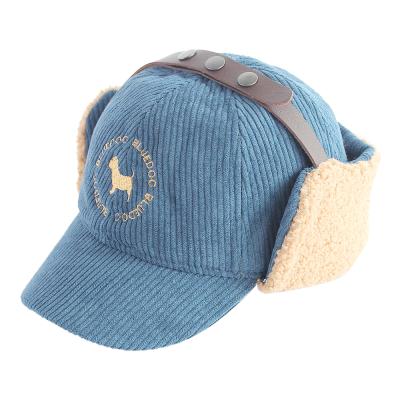 China JOINT Vintage Leather Belt Dog Embroidery Corduroy Kids Winter Warm Hat With Earflaps for sale