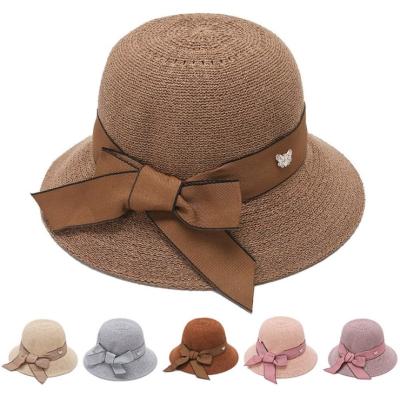 China Bowknot Straw Beach Hats Wholesale Large Picture Women's Umbrella Summer Sun Hat Seaside Dome Woven for sale