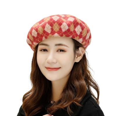 China Wholesale Color Matching Diamond Wool Retro Woolen Hats Beret Hat Ladies Female Korean Ladies Autumn And Winter New Image Style for sale