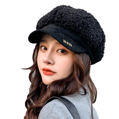 China Lady Autumn And Winter Character Korean Fashion Vintage Lambswool Newsboy Ivy Warm Octagonal Hat With Kingsberle for sale