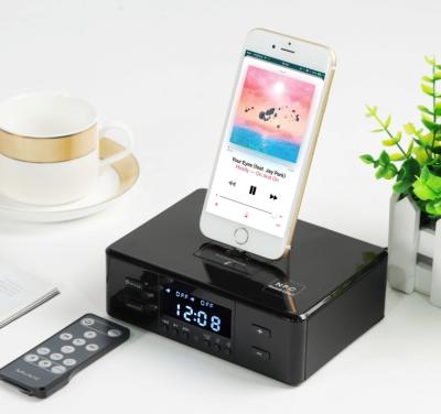 China AirPlay Wireless BT Speaker with alarm clock radio home station charging docking fm cell phone bedside desk speaker for sale