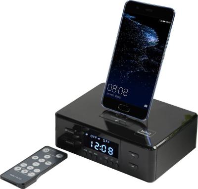 China AirPlay Type-C Wireless Smart Blue Speaker Alarm Clock Radio Tooth Charging with Docking Android Phones and iPhone Charging Station for sale