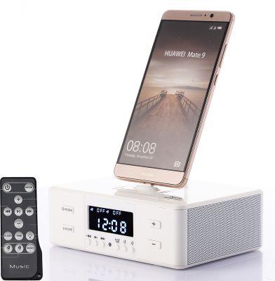 China Wireless Charger for Mobile Phone Unique 3 in 1 Android and iPhone Phone Docking Speaker FM Radio Wireless Charging Smart Alarm Clock for Hotel Bedside for sale