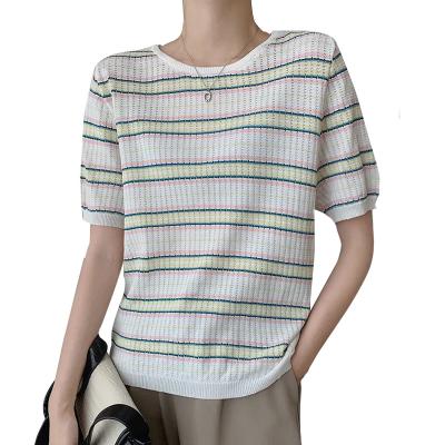 China Sustainable ice silk cutout crewneck stripe knit half sleeve pullover summer short sleeve T-shirt women's top for sale