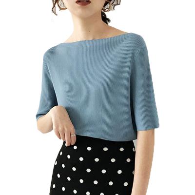 China Wholesale Women's Summer Solid Color Mid Sleeve T-shirt Basic Knitting Silk Knitwear Anti-pilling One Shoulder Ice for sale