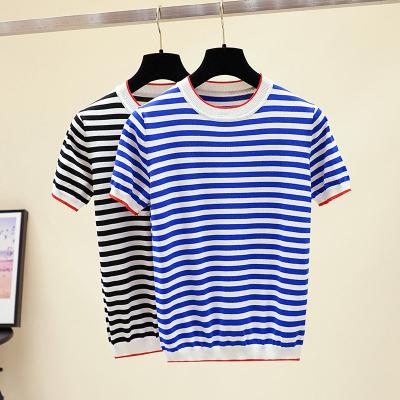 China Anti-Wrinkle Striped Knit Short Ice Silk Thin Sweater Women's T-shirt Top Sleeve Wholesale for sale