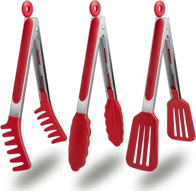 China Durable 3 Pack (9 Inch) Kitchen Tongs, Non Stick Stainless Steel Tongs with Silicone Tip for Cooking BBQ Baking (Red) for sale