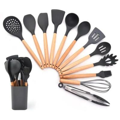 China 13Pcs Kitchen Utensil Silicone Stocked Utensils Set Nonstick Heat Resistant Cookware Wooden Handle for sale