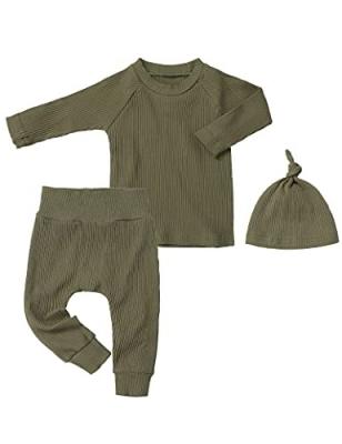 China Casual Hot Sale Cotton Green Ruffle Sleeve Boutique Girls Canvas Clothing Set for sale