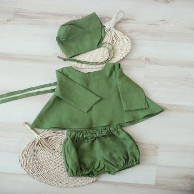 China Casual Wholesale Green Loose Hat Babies Clothing Set Matching Cotton Canvas Outfit for sale