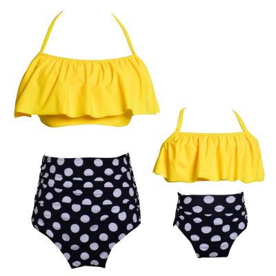 China Dots Beachwear Mom And Daughter Black Yellow Anti-UV Halter Matching Bikini Swimwear for sale