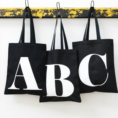 China B035 Handled Customized OEM Eco Friendly Black Initial Printed Tote Bag Personalized Black Canvas Tote Bag Eco Reusable Shopping for sale