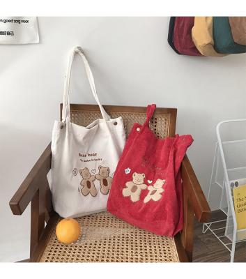 China B042 Handled Customized Eco Friendly Washable Corduroy Bear Tote Bag Shopping Bag Corduroy Cross - Body Strap Single Shoulder Tote Bag for sale